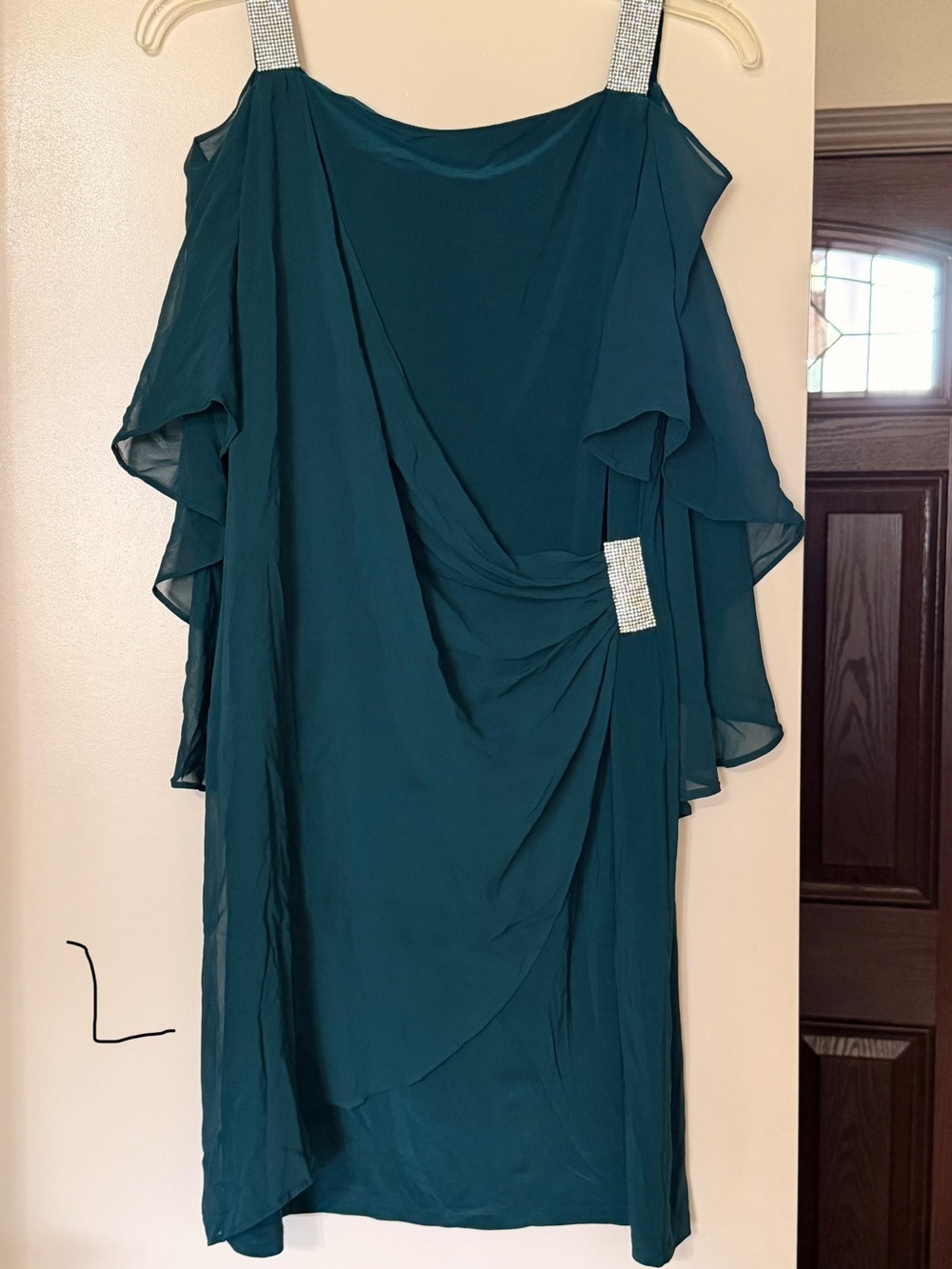 MSK Teal One-Shoulder Chiffon Dress with Rhinestone Straps